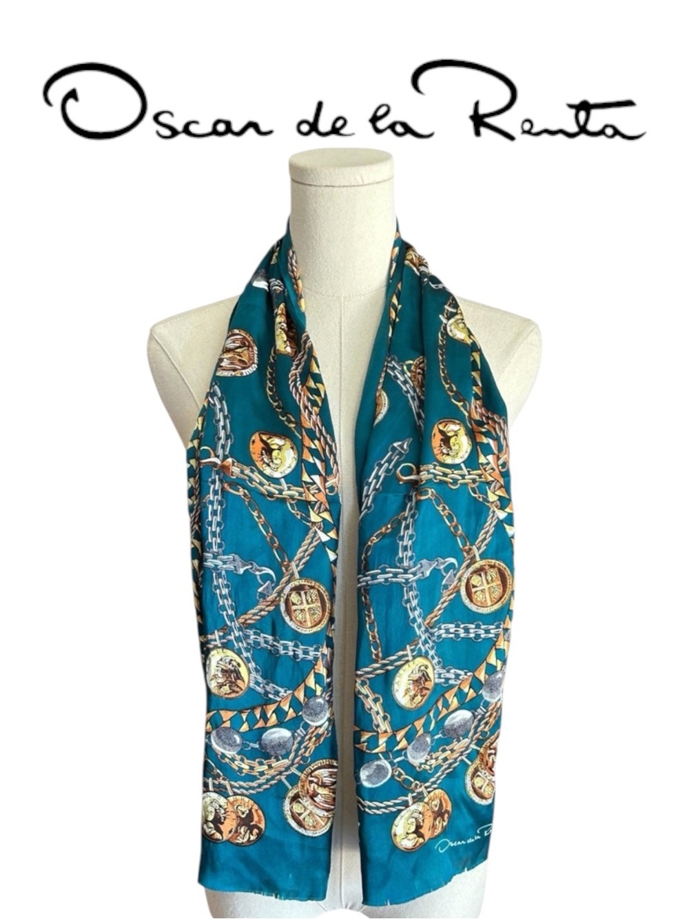 Vintage Oscar de la Renta Signed Silk Teal Scarf with Chain & Medallion print.